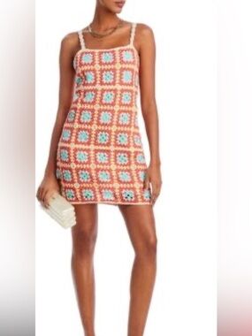 Aqua Bloomingdale’s Crochet Pattern Mini Dress in Coral and Aqua size M